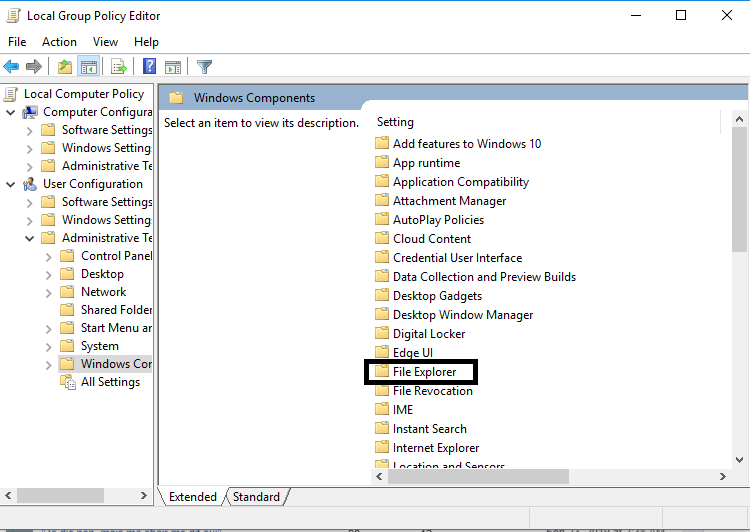 Vaya al Explorador de archivos en el Editor de políticas de grupo |  Arreglar Alt + Tab que no funciona en Windows 10