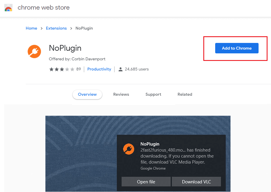 Navegue a la página NoPlugin y luego haga clic en el botón Agregar a Chrome