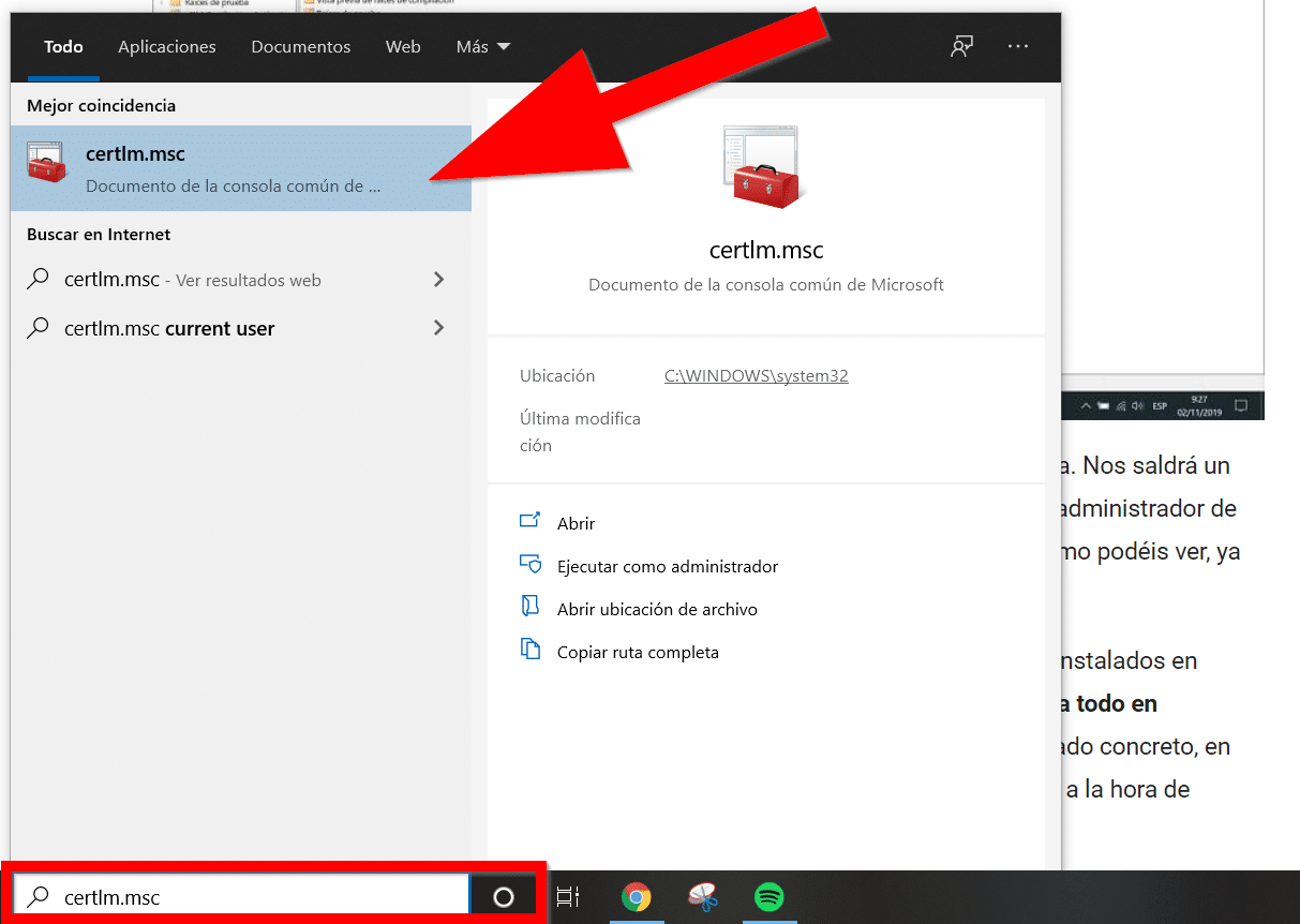 Pasos para ver el certificado digital en Windows 10