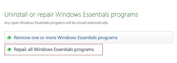 Reparar Windows Essentials