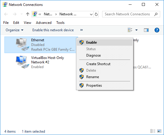 Haga clic con el botón derecho en la conexión Ethernet y seleccione Habilitar
