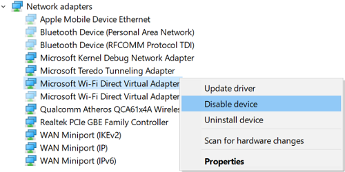 Haga clic con el botón derecho en Adaptador virtual de Wi-Fi Direct de Microsoft y seleccione Desactivar