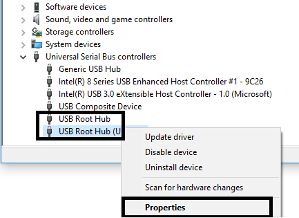 Haga clic con el botón derecho en cada concentrador raíz USB y navegue hasta Propiedades