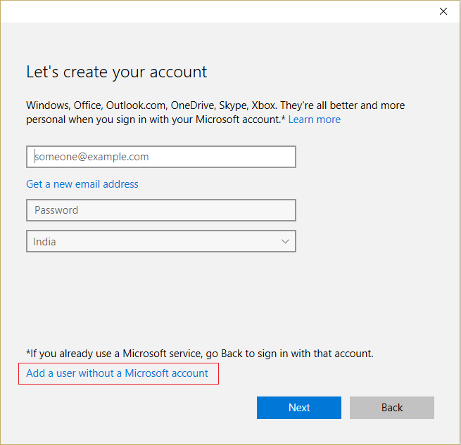 Seleccione Agregar un usuario sin una cuenta de Microsoft.