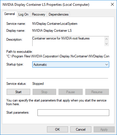 Seleccione Automático en el menú desplegable Tipo de inicio para NVIDIA Display Container LS