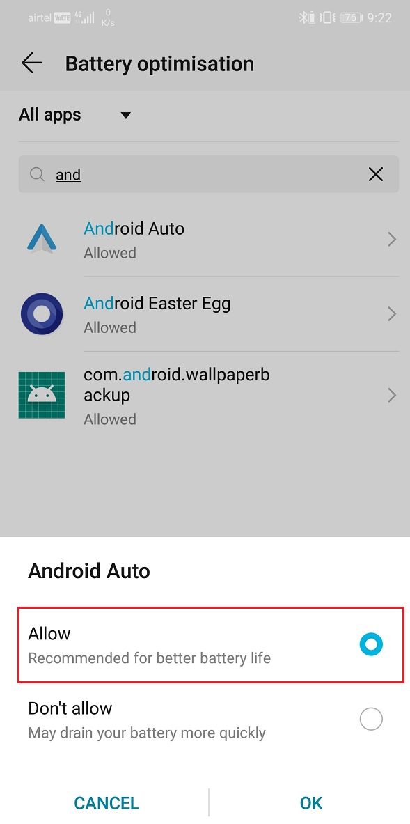 Seleccione la opción Permitir para Android Auto