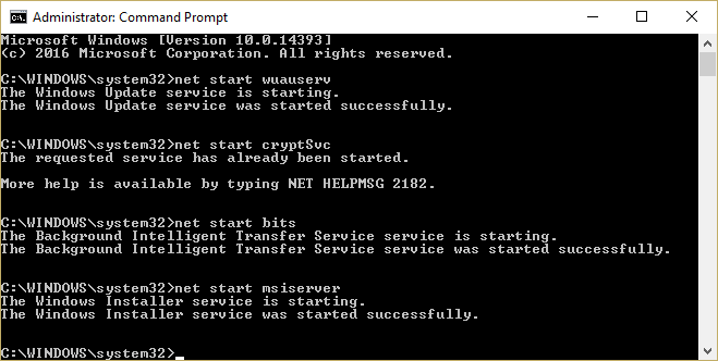 Inicie los servicios de actualización de Windows wuauserv cryptSvc bits msiserver