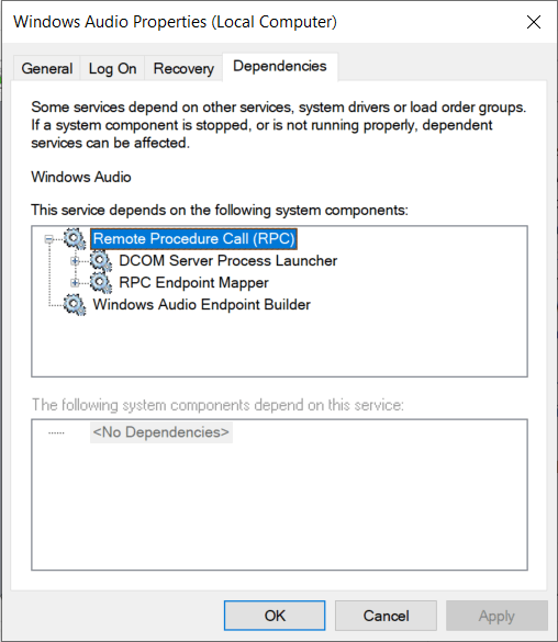 En Propiedades de audio de Windows, cambie a la pestaña Dependencias |  Reparar los servicios de audio que no responden en Windows 10