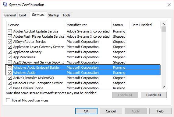 Windows audio y Windows audio endpoint msconfig en ejecución