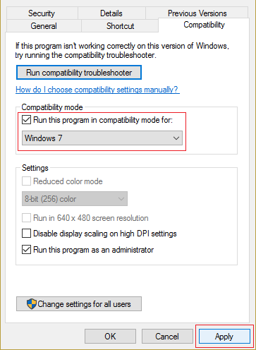 marque Ejecutar este programa en modo de compatibilidad para y seleccione Windows 7