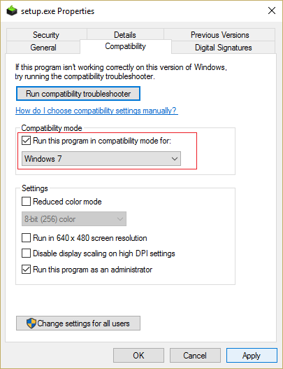 marca de verificación ejecutar este programa en modo de compatibilidad y seleccione Windows 7 u 8