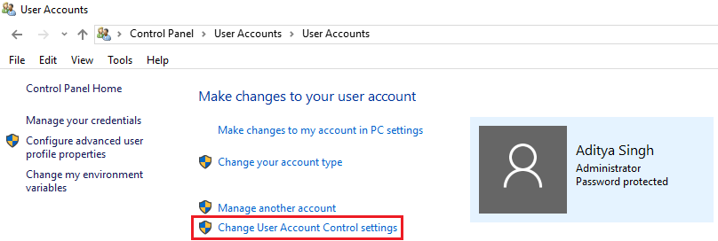 haga clic en Cambiar la configuración del control de cuentas de usuario