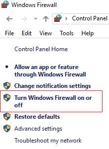 haga clic en Activar o desactivar Firewall de Windows