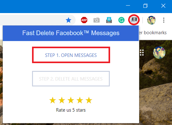 haga clic en el icono de la extensión de mensajes de eliminación rápida de Facebook y luego haga clic en abrir mensajes