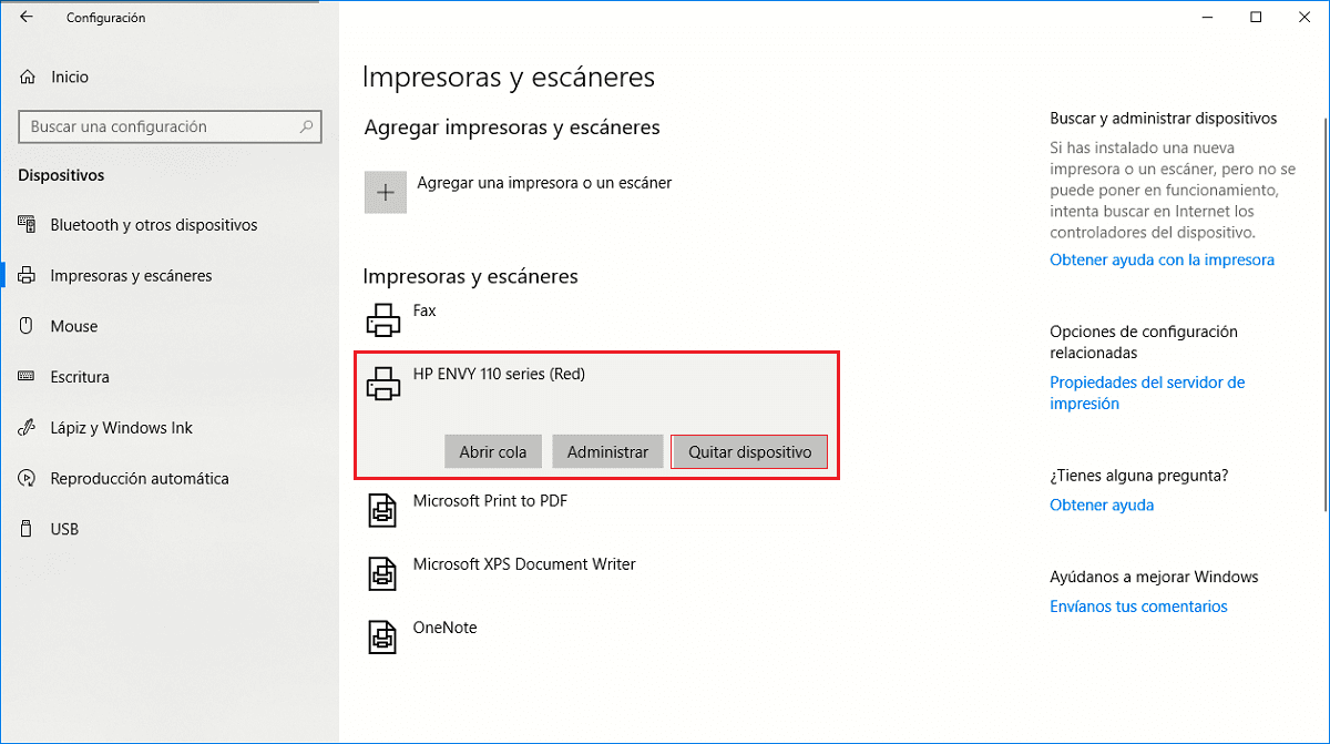 Eliminar impresora Windows 10
