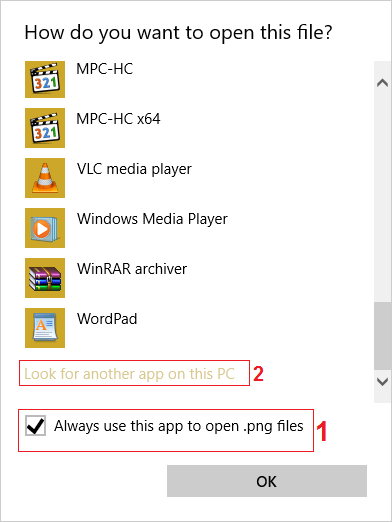 primera marca de verificación Usar siempre esta aplicación para abrir archivos .png y luego hacer clic en Buscar otra aplicación en esta PC