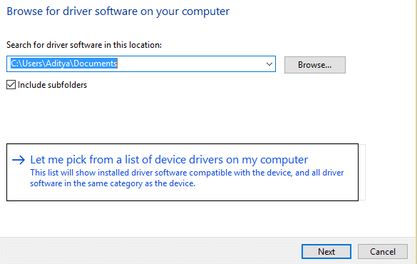 permítame elegir de una lista de controladores de dispositivo en mi computadora |  WiFi sigue desconectándose en Windows 10