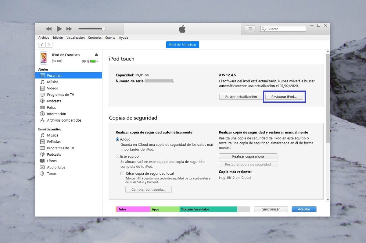 Restaurar un iPhone, iPad o iPod touch desde Windows con iTunes