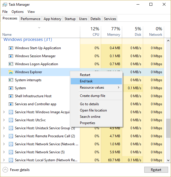 haga clic derecho en el Explorador de Windows y seleccione Finalizar tarea