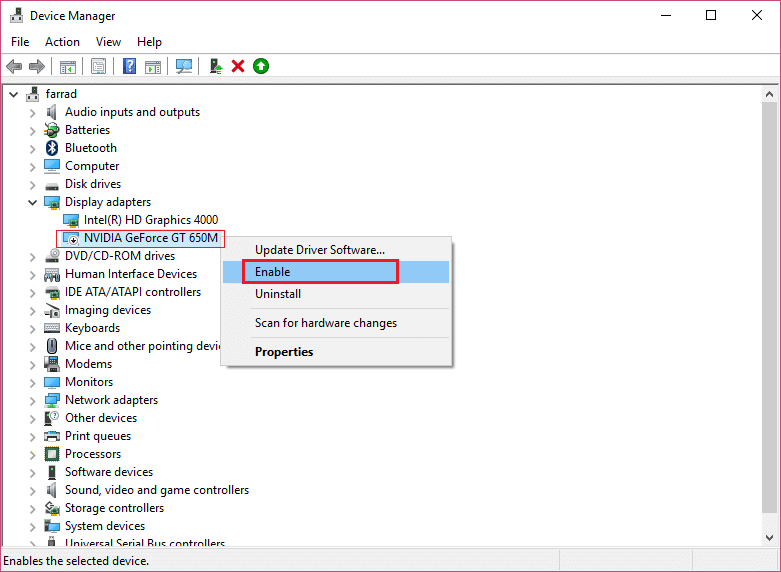 haga clic con el botón derecho en su tarjeta gráfica Nvidia y seleccione Activar |  Reparar el sonido HDMI que no funciona en Windows 10