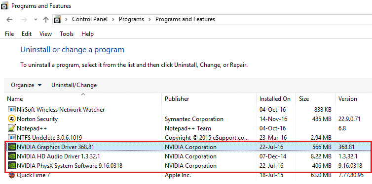 Deinstallieren Sie alles, was mit NVIDIA-8240449 zu tun hat