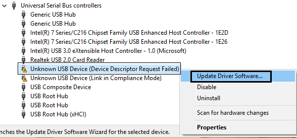 Repare el dispositivo USB no reconocido.  Error en la solicitud del descriptor de dispositivo