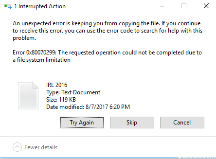 ✅ Corregir error 0x80070299: la operación solicitada no se pudo completar debido a una limitación del sistema de archivos