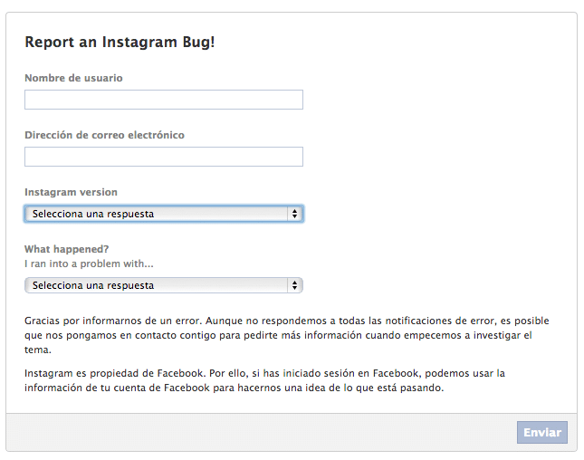Enviar informe de error a Instagram