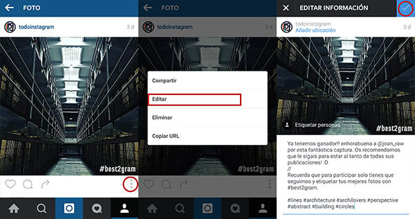 Modificar la descripción y el etiquetado de personas en Instagram después de la publicación